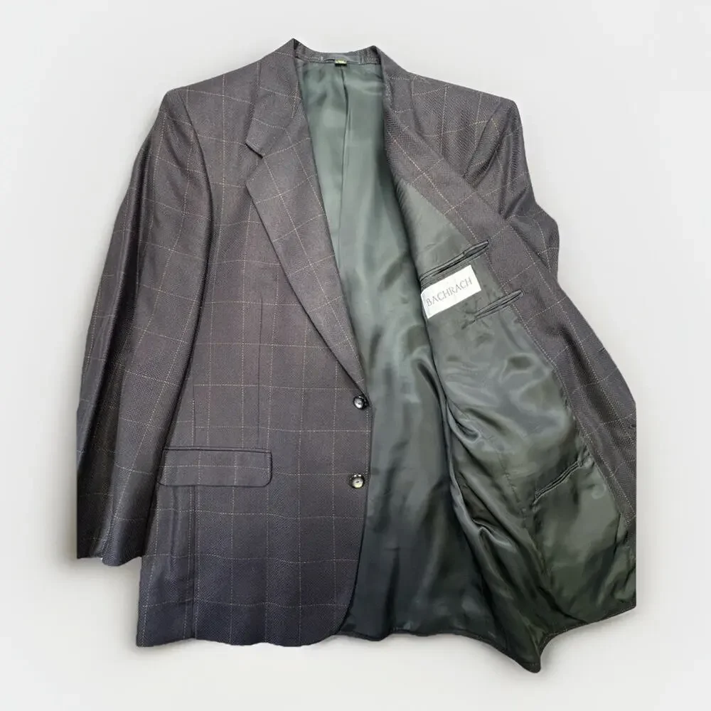 Bachrach Men’s Silk Black Blazer 42L Herringbone Weave Windowpane Check Pattern